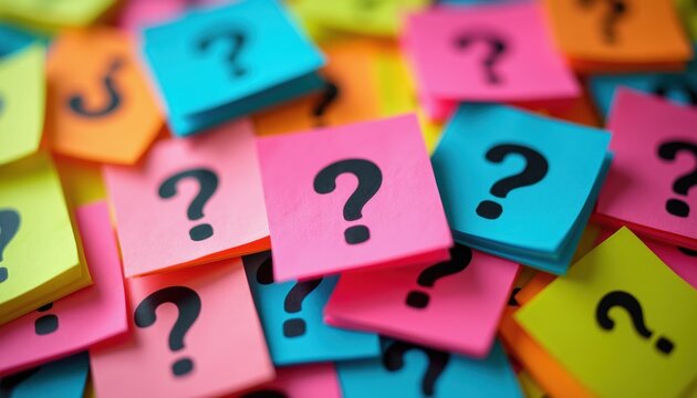 Vibrant sticky notes with question marks piled randomly. Colorful paper squares symbolize curiosity, problems, and unknown answers. Communication concept imagery.