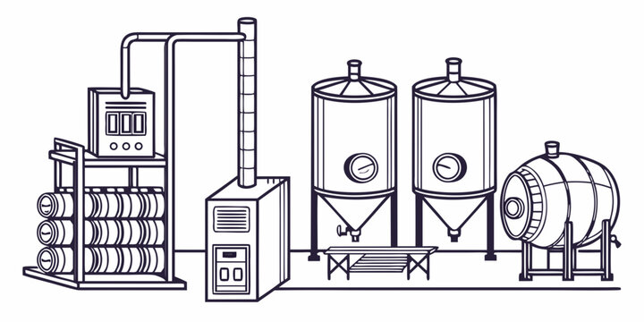Industrial brewery processing system illustration with fermentation tanks and storage barrels fermentation industrial equipment manufacturing technology stainless machinery production