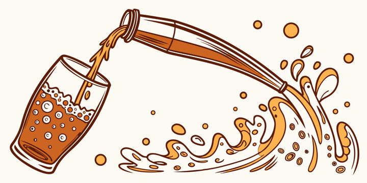 Amber beer pouring from glass bottle into glass creating dynamic liquid splashes with beverage refreshment illustration isolated background refreshing carbonated splashing drinkware