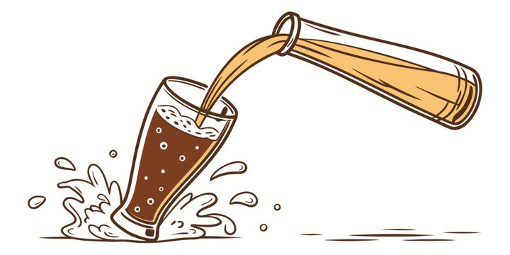 Dark beer pouring from glass bottle into tilted glass with liquid splashes beverage refreshment illustration isolated background refreshing carbonated splashing drinkware pouringbeer