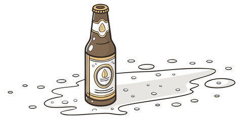 Illustration of a beer bottle standing upright in a large liquid spill with beverage illustration refreshing container isolated celebration overflow minimalist background © AC