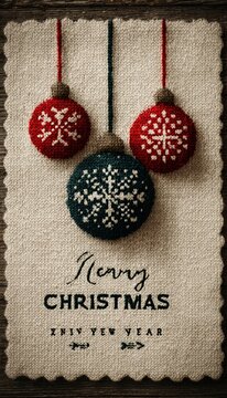 Ugly sweater Merry Christmas and Happy New Year greeting card frame with Scandinavian knitted ornaments pattern in white, red, and green