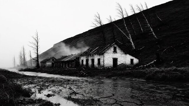 Eerie Abandoned Buildings Alongside a Muddy River in a Bleak, Foggy Landscape of Decay and Ruin