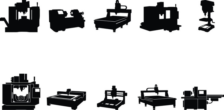 Collection of CNC and industrial machine silhouettes featuring routers, cutters, mills, plotters, and manufacturing equipment