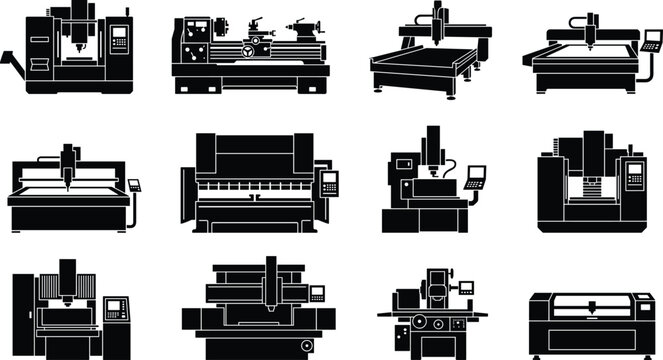 Collection of CNC and industrial machine silhouettes featuring routers, cutters, mills, plotters, and manufacturing equipment