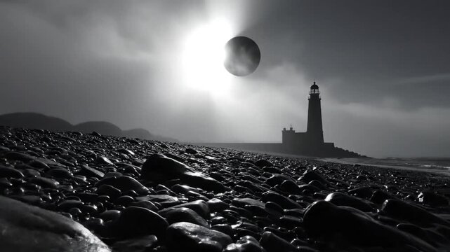 Black and white shot of lighthouse silhouette on rocky beach beneath a partial eclipse