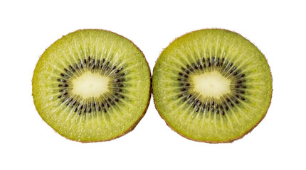 Fototapeta premium Fresh kiwi fruit halves transparent PNG isolated cutout, juicy green tropical slice clipart for healthy food design