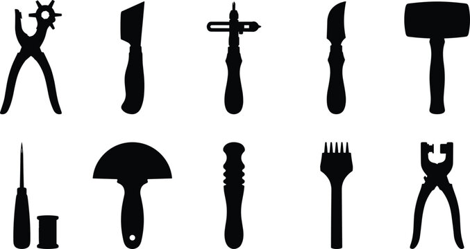 Collection of small tool and utensil silhouettes featuring knives, forks, pliers, awls, scissors, and handheld accessories