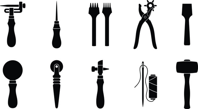 Collection of small tool and utensil silhouettes featuring knives, forks, pliers, awls, scissors, and handheld accessories