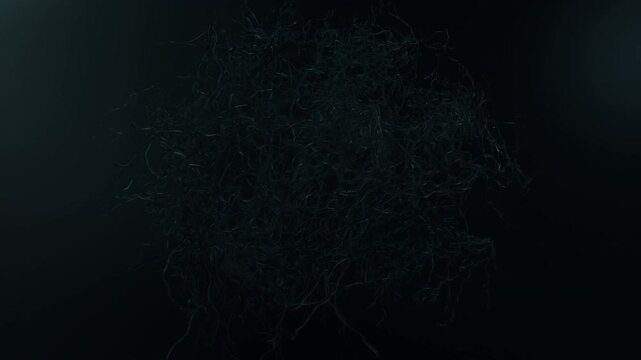 3D rendered brain shaped fiber structure with glowing white light point visible inside tangled branching network against dark background