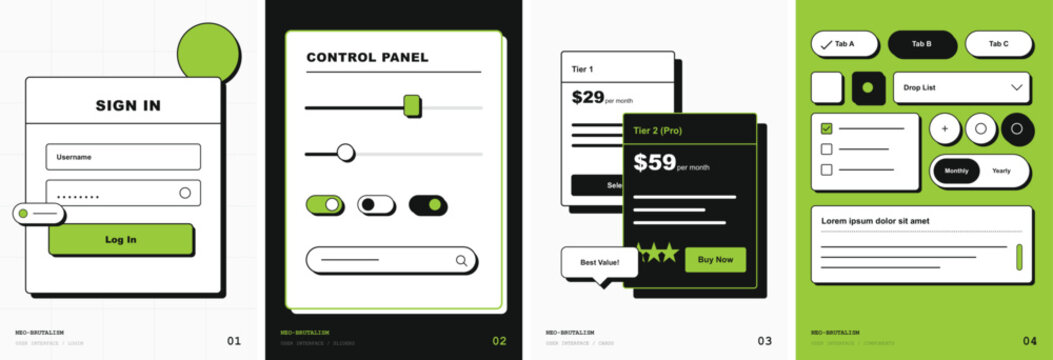 Set of modern ui design elements, web interface components, and dashboard widgets in neon green style