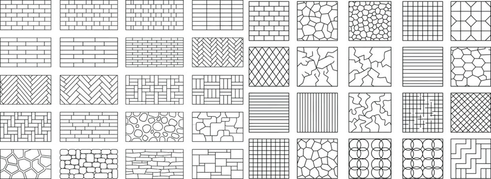 Architectural material pattern library vector set. CAD texture swatches for construction drawings, flooring finishes, and surface design in floor plans, sections, and elevations.