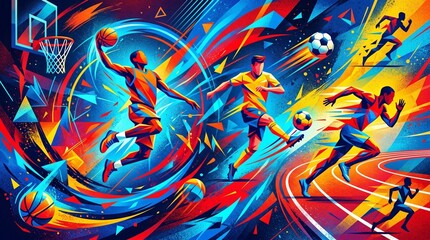 Obraz premium Dynamic Abstract Sports Art featuring Basketball, Soccer, and Track Athletes in Vibrant Motion and Energetic Colors