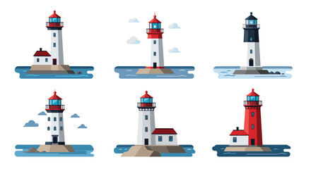 Collection of different lighthouse designs on small islands surrounded by water illustrates coastal safety and maritime navigation themes. © Rahana