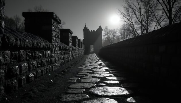 Stone pathway leads through old castle walls. Dark medieval architecture with tower gate at end. Gloomy atmosphere with sunbeams shining on path.