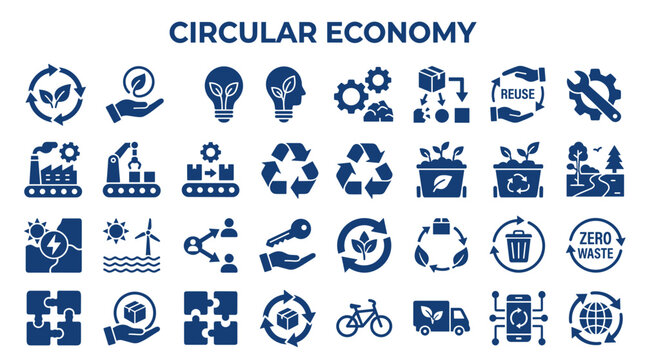 Circular Economy Icons Set Blue Flat Design Symbols Representing Sustainability Recycling Reuse And Resource Management For Business And Environmental Concepts