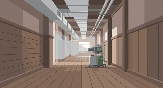 Industrial fogging machine spraying disinfectant mist inside a wooden attic hallway with ventilation ducts to eliminate pests and bacteria in a residential or commercial building