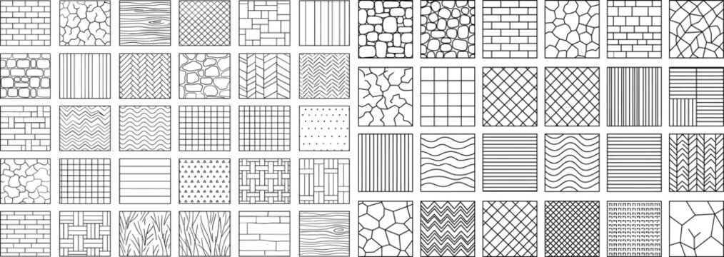 Architectural material texture reference board. CAD pattern swatches for construction finishes, flooring fills and surface design used in drafting, plans and presentation layouts