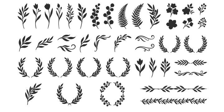 Set of black hand drawn floral branches leaves wreaths and decorative botanical elements