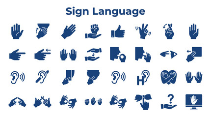 Collection of blue sign language icons and symbols representing communication, deaf culture, and gestures on a white background © Iconique Studio
