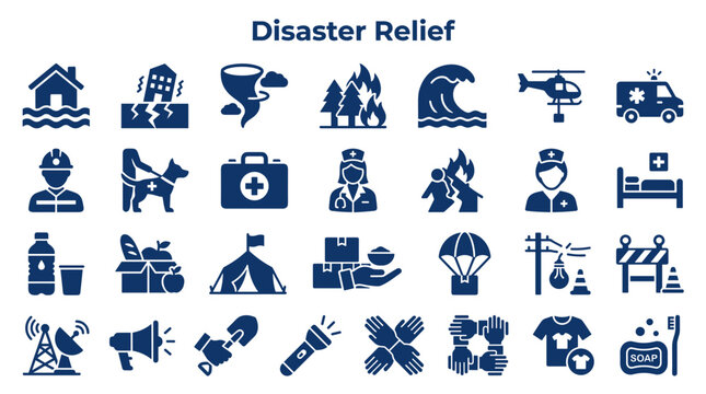 Disaster Relief Icons Set Showing Support Aid and Emergency Services Helping Communities During Natural Calamities