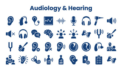 Audiology and Hearing Health Icons Collection Featuring Hearing Aids Ear Care Sound Waves and Medical Symbols © Iconique Studio