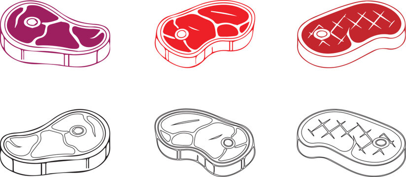 Raw meat steak vector icon set with outline and linear designs for butcher shop and restaurant menu