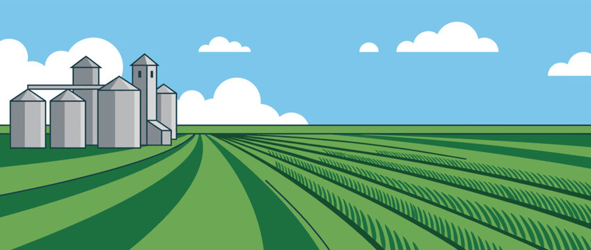 Grain silos and green agricultural crop fields under a blue sky with white clouds in a flat vector illustration style representing modern farming and rural landscape
