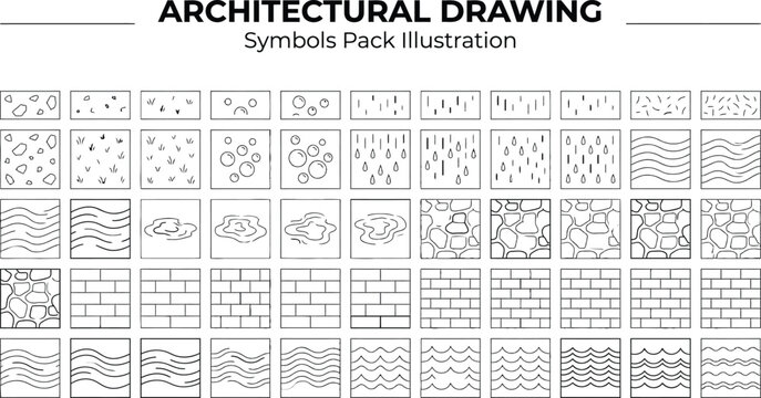 Architectural drawing pattern reference sheet. Construction material textures, paving fills and floor finish symbols for blueprint drafting, design documentation and presentation graphics