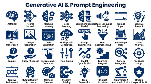 Generative AI and Prompt Engineering Icons Set Featuring Machine Learning Neural Networks and Deep Learning Concepts