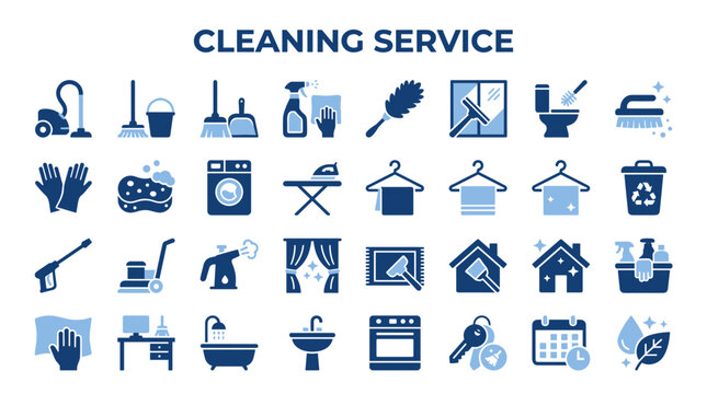 Comprehensive cleaning service icons set representing household chores and professional cleaning equipment for domestic and commercial use