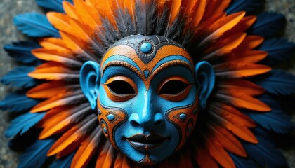 Obraz premium Tribal mask with blue and orange face patterns. Colorful feathers surround mask headpiece. Face shows detailed carvings and textures. Features black lips and wide eyes.