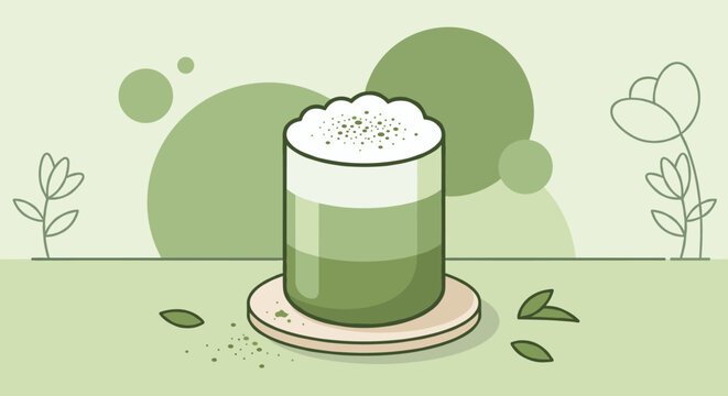 Matcha green tea latte with milk foam in a glass on a coaster with tea leaves and floral elements in a minimalist vector illustration style