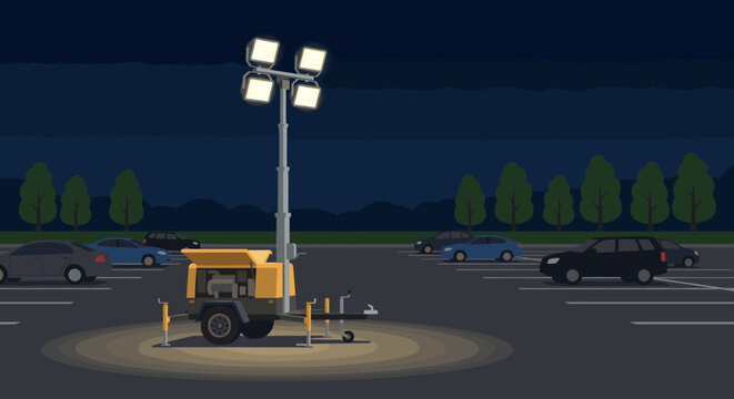 Mobile lighting tower with four bright lamps illuminating a dark parking lot with parked cars and trees at night in a flat vector illustration style