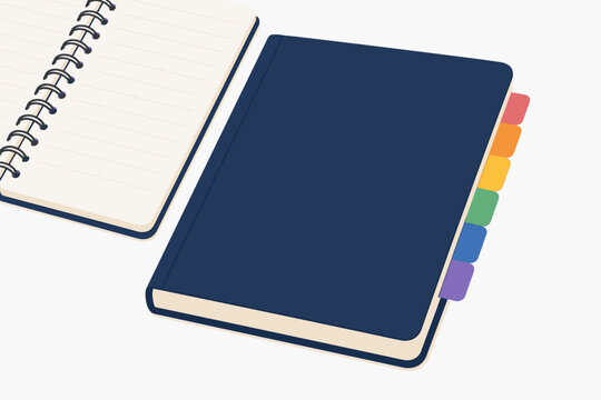Dark blue notebook with colorful divider tabs and an open spiral notebook for school or office organization, planning, and creative writing projects in a clean vector style