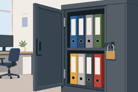 Metal filing cabinet with colorful ring binders inside an open door featuring a secure padlock for data protection and organized document storage in a modern office workspace