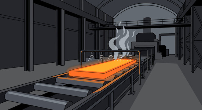 Glowing hot metal slab on industrial conveyor belt inside a steel mill foundry with cooling spray nozzles and rising steam during the manufacturing process of heavy metal production