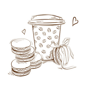Linear coffee illustration with macaroons, vector graphics