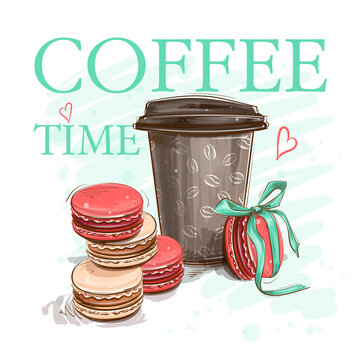 Coffee time, vector illustration with cookies and coffee