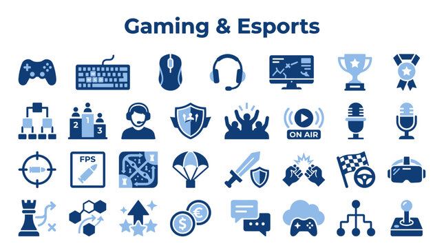 Gaming and Esports Icons Set Collection Representing Digital Entertainment Competition and Technology
