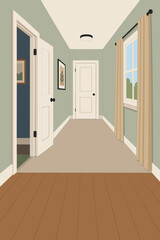 Fototapeta premium Modern home hallway interior with sage green walls, white doors, beige curtains, and hardwood flooring in a minimalist flat vector art style for residential design