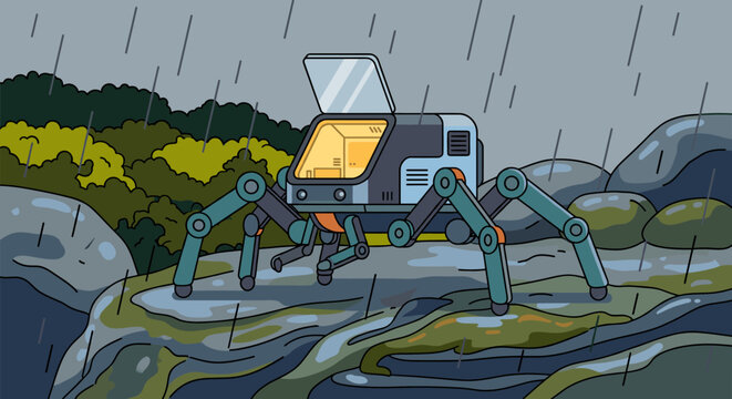 A futuristic multi-legged robotic exploration vehicle stands on a rocky cliff during a heavy rainstorm in a lush green wilderness environment with a glowing interior cockpit