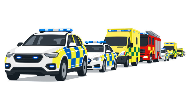 Police cars ambulance and fire truck convoy representing emergency services and first responders providing public safety and urgent medical assistance in a professional illustration