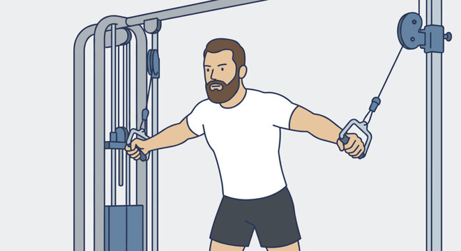Bearded man performing cable chest fly exercise on a professional gym machine for strength training and muscle building in a modern fitness center illustration