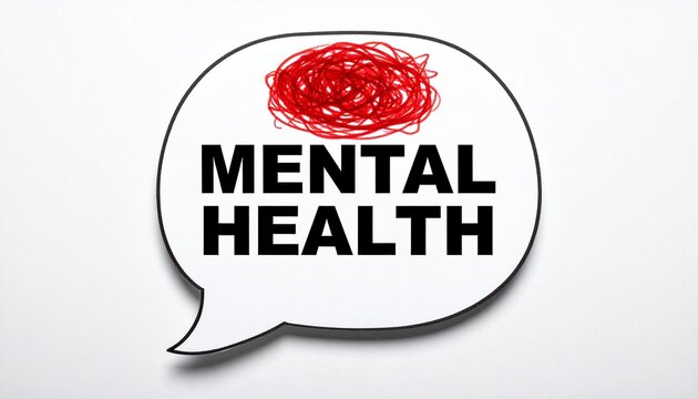 White speech bubble with red scribble at top and bold black text &ldquo;MENTAL HEALTH&rdquo;