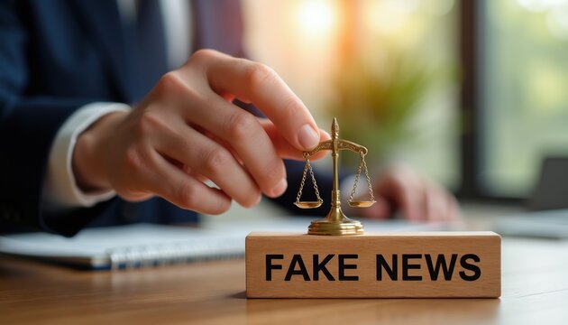 Man holds justice scales over wood block. Legal symbol weighs fake news concept. Truth versus misinformation idea. Law, justice, media literacy themes.