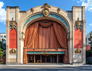 Naklejka premium Ornate theater facade with arched entrance and red velvet curtains