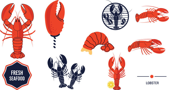 Fresh Lobster Seafood Vector Icon Set with Whole Lobsters Claws Tails Grilled Barbecue and Gourmet Badges