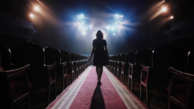 Silhouette of a Woman Walking Towards Stage Lights. Path to Triumph Concept