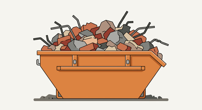 Orange construction skip filled with rubble debris and metal rebar from a building demolition site in a flat vector illustration style for industrial waste management